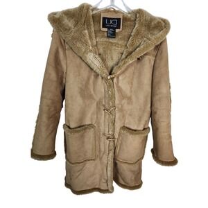 UTEX Design Mid-Length Hooded Faux Suede & Fur‎ Trim Toggle Coat Womens Sz S